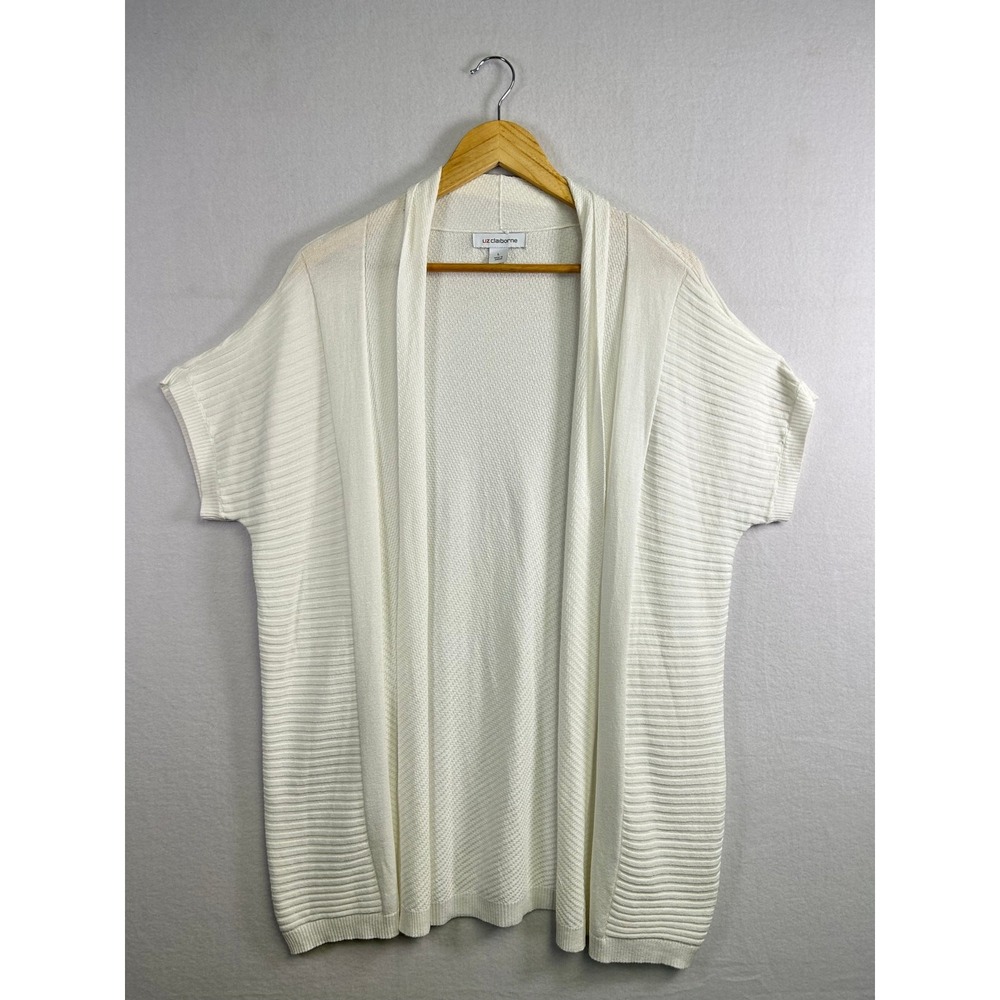 Minimalist Liz‎ Claiborne Womens L White Ribbed Short Sleeve Open Front Cardigan